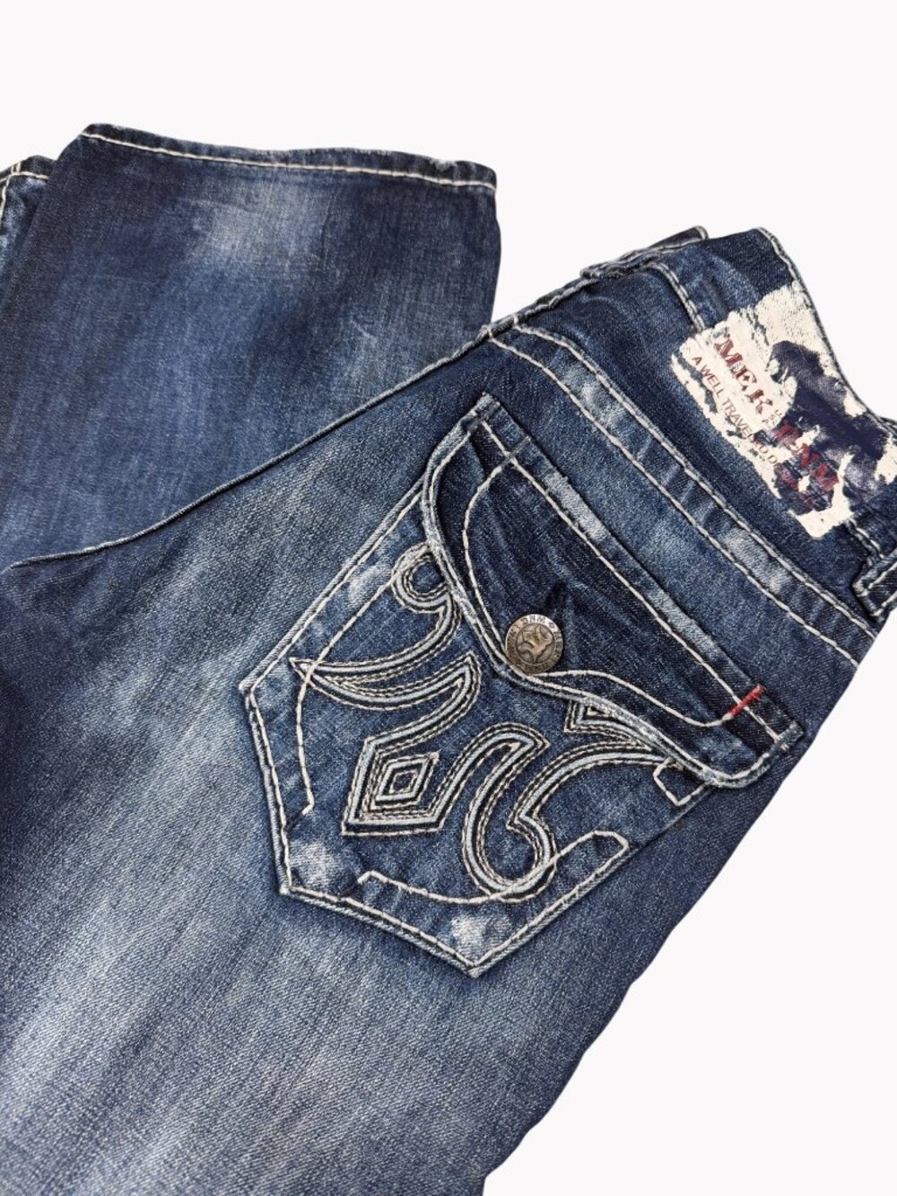 MEK Denim New Oaxaca Bootcut Jeans 29x34 Distressed Dark Wash Stitch Details